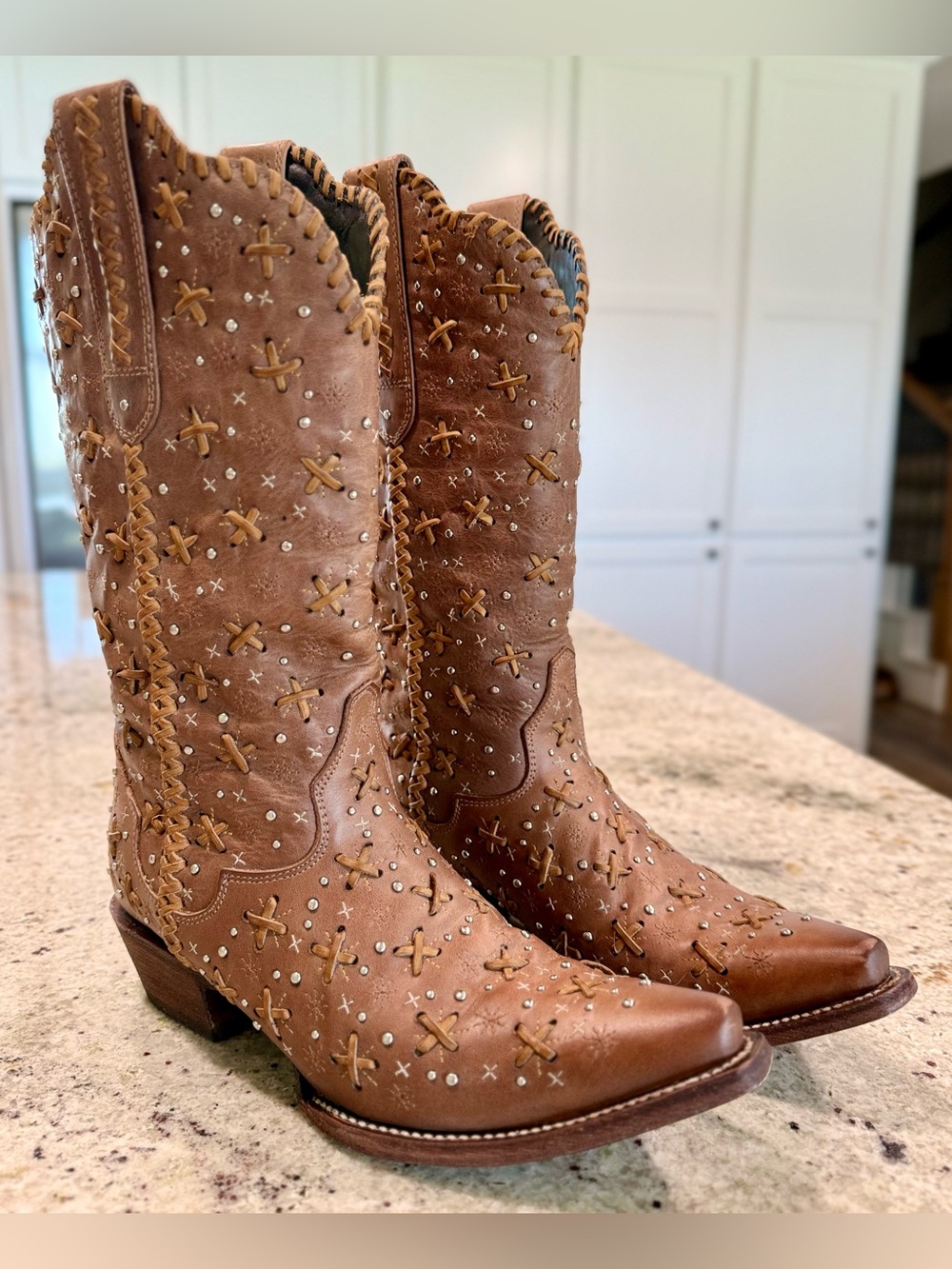 J.B. Dillon Tan Brown Embellished Genuine Leather Western Heeled Cowboy Boots